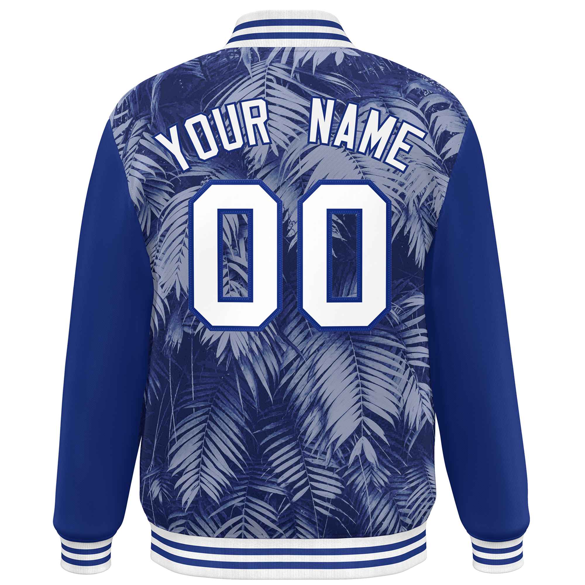 Custom Royal White-Navy Maple Leaf Raglan Sleeves Bomber Graffiti Pattern Varsity Jacket