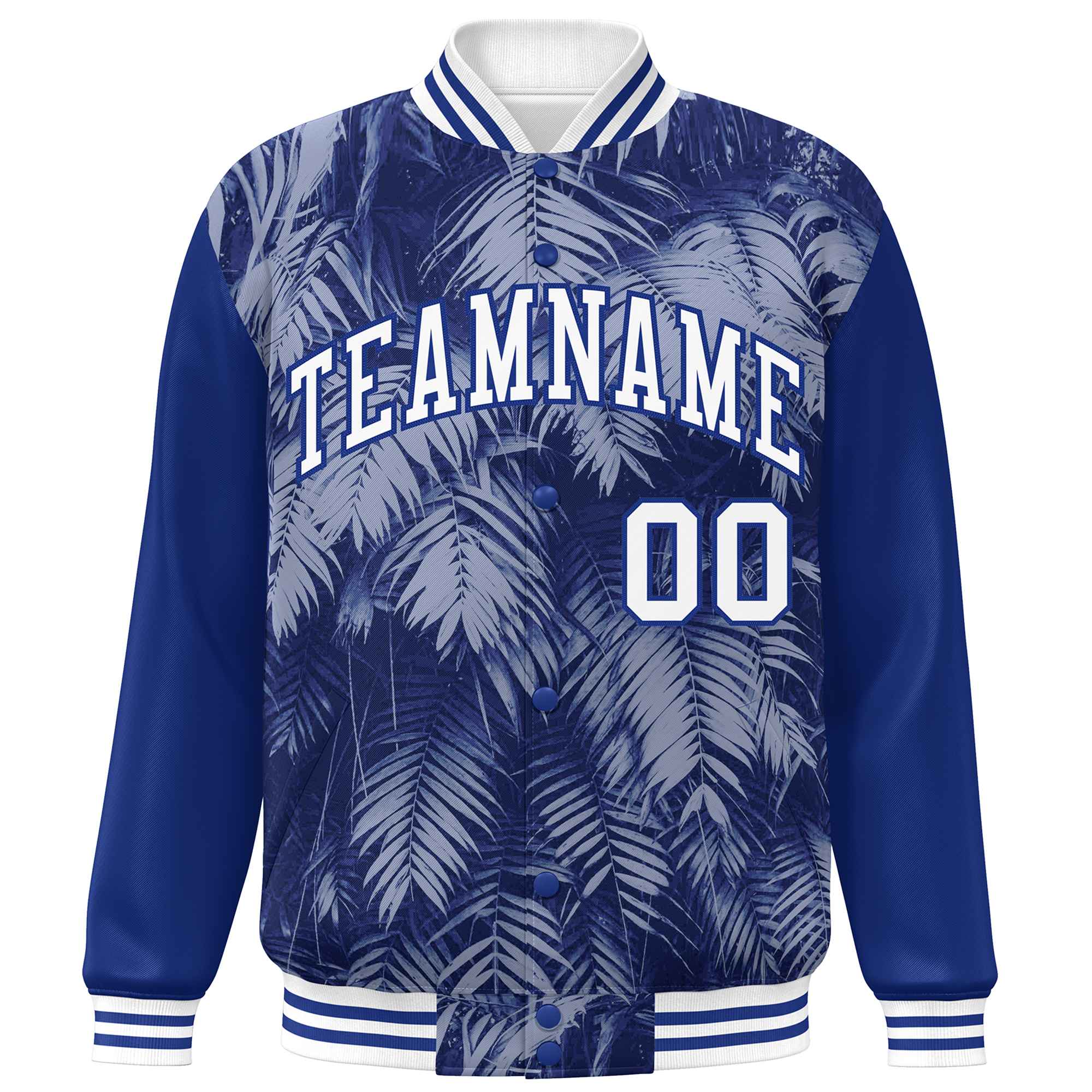 Custom Royal White-Navy Maple Leaf Raglan Sleeves Bomber Graffiti Pattern Varsity Jacket