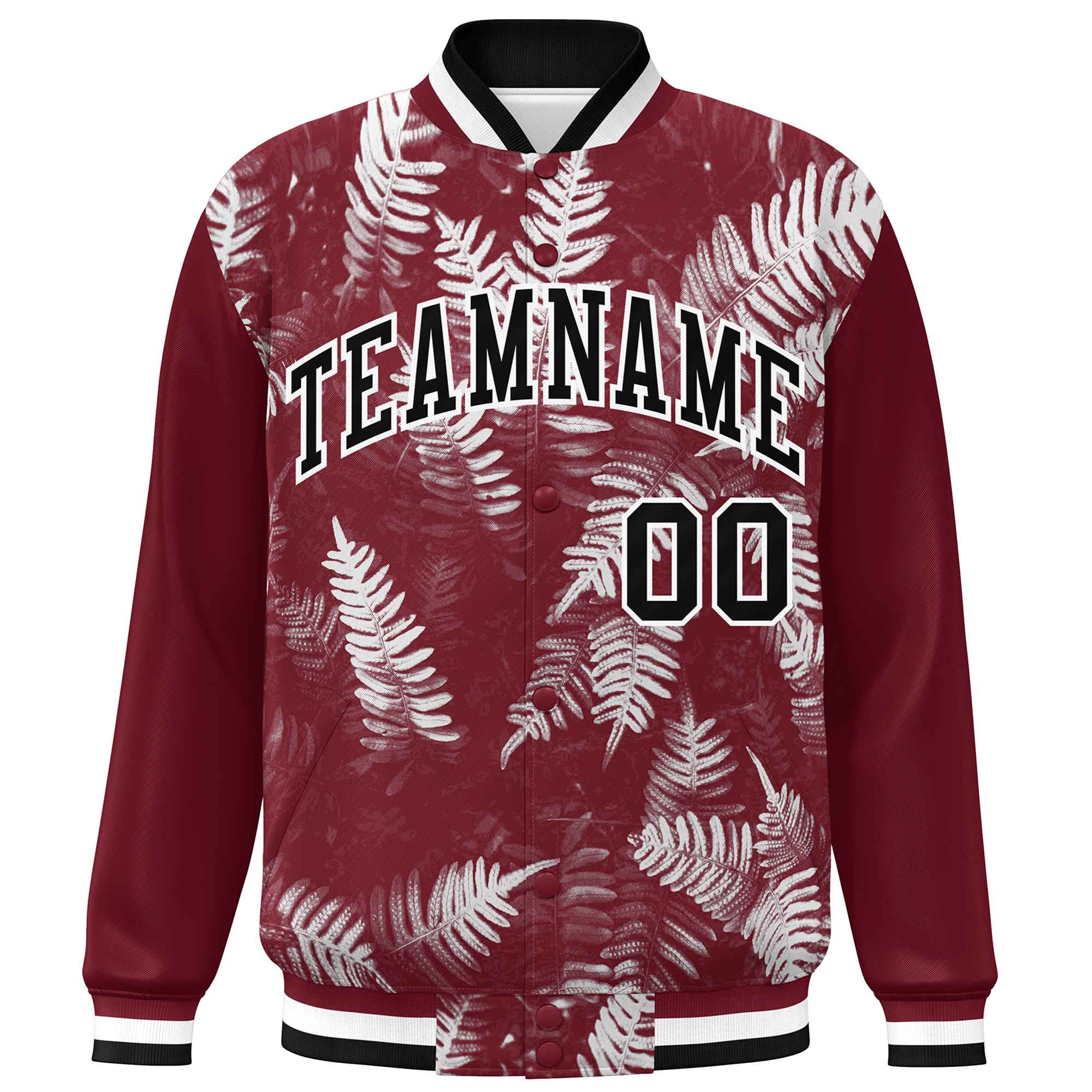 Custom Crimson Black-White Maple Leaf Raglan Sleeves Bomber Graffiti Pattern Varsity Jacket