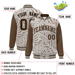 Custom Light Brown Brown-Cream Maple Leaf Raglan Sleeves Bomber Graffiti Pattern Varsity Jacket