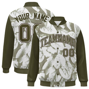 Custom Olive White-Brown Maple Leaf Raglan Sleeves Bomber Graffiti Pattern Varsity Jacket