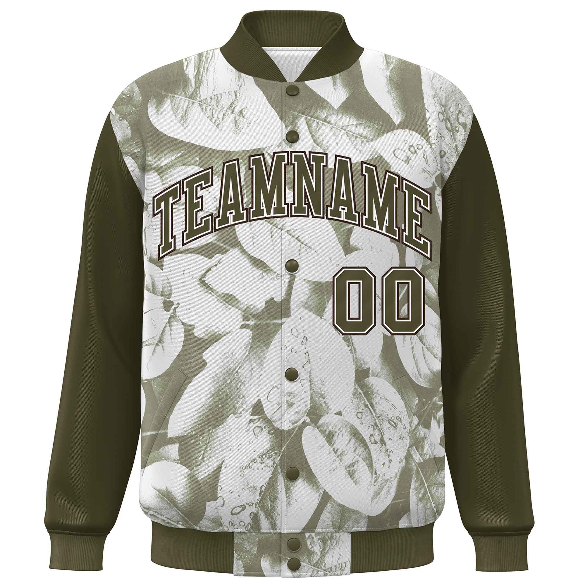 Custom Olive White-Brown Maple Leaf Raglan Sleeves Bomber Graffiti Pattern Varsity Jacket