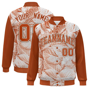 Custom Texas Orange White-Light Brown Maple Leaf Raglan Sleeves Bomber Graffiti Pattern Varsity Jacket