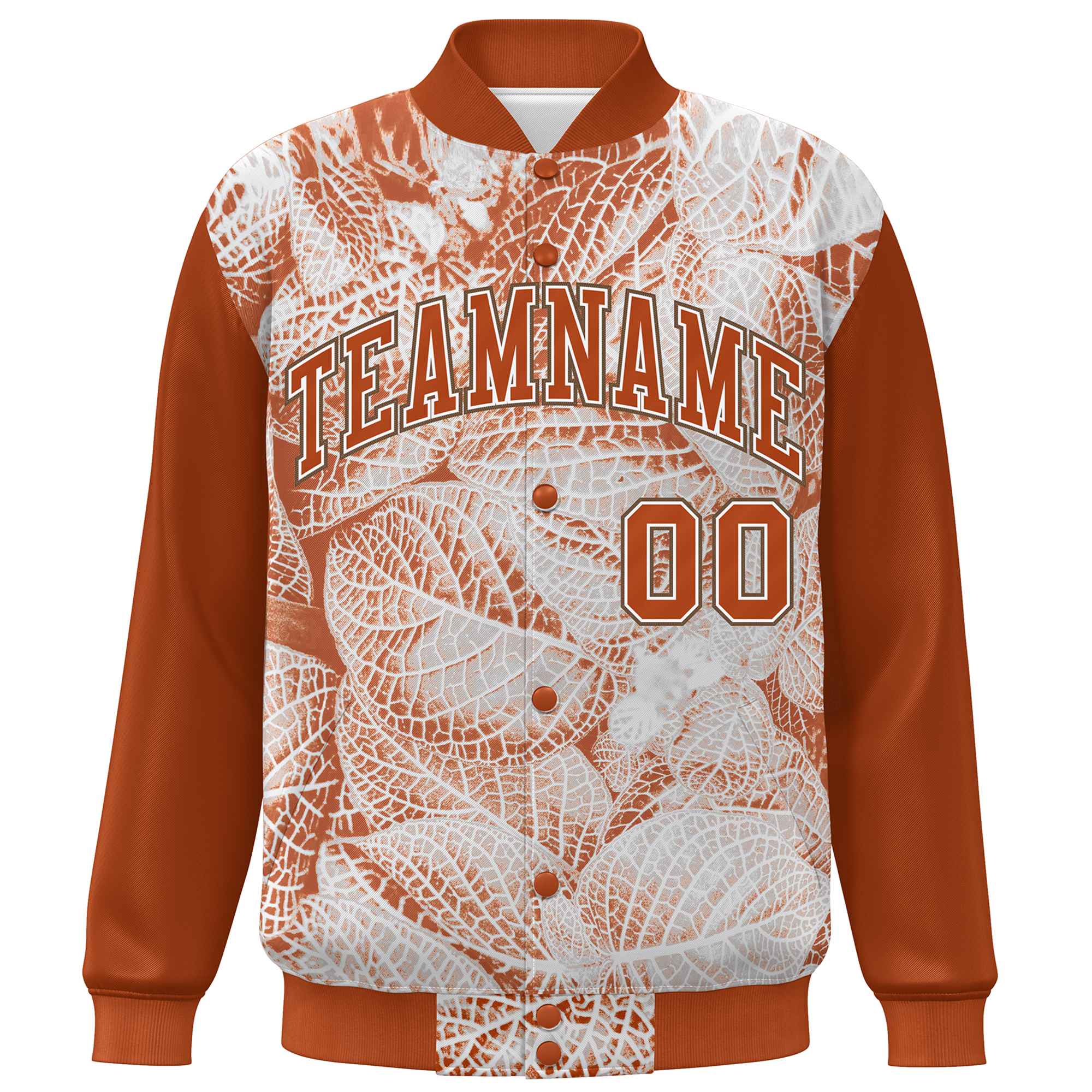 Custom Texas Orange White-Light Brown Maple Leaf Raglan Sleeves Bomber Graffiti Pattern Varsity Jacket