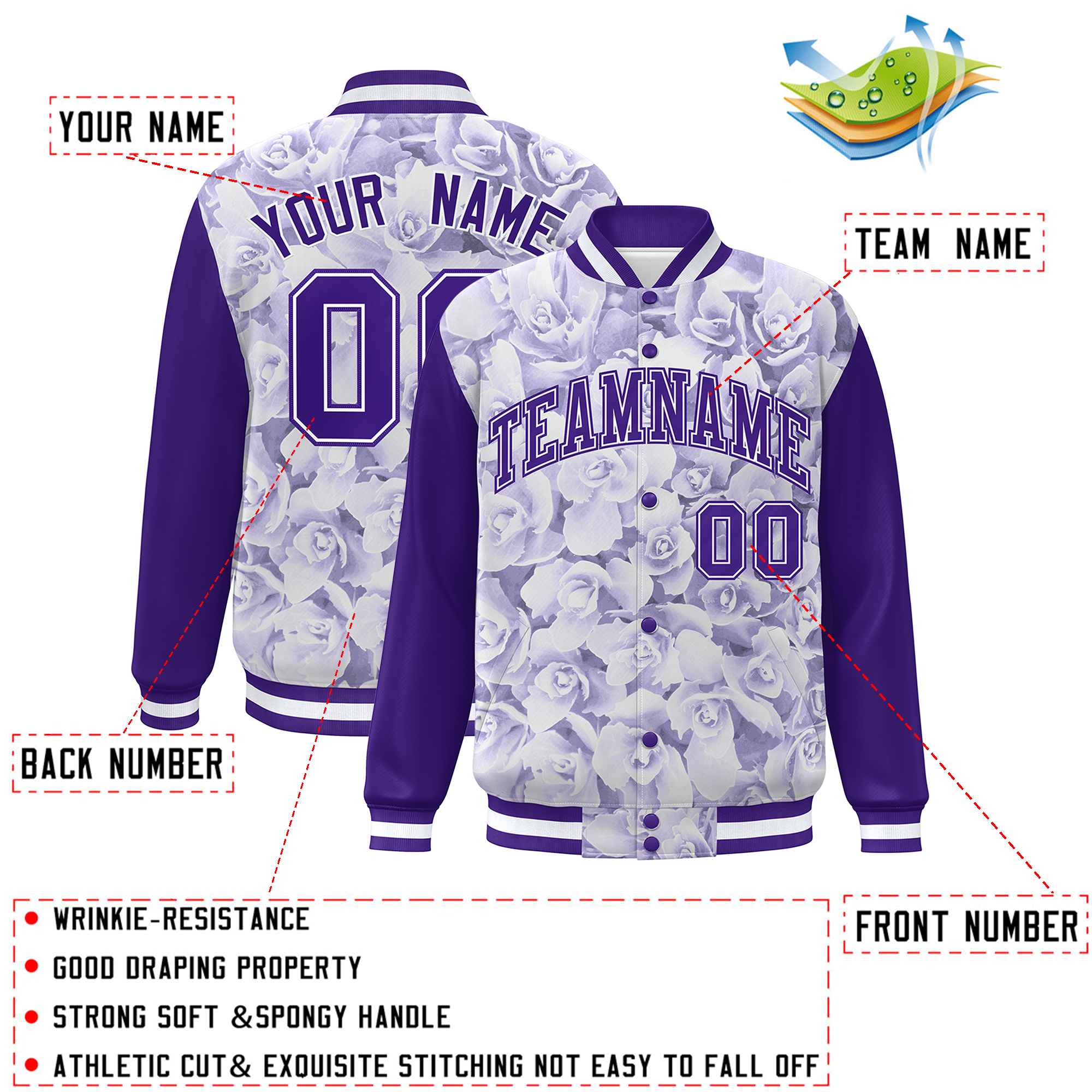 Custom Purple White Maple Leaf Raglan Sleeves Bomber Graffiti Pattern Varsity Jacket