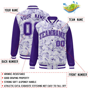 Custom Purple White Maple Leaf Raglan Sleeves Bomber Graffiti Pattern Varsity Jacket