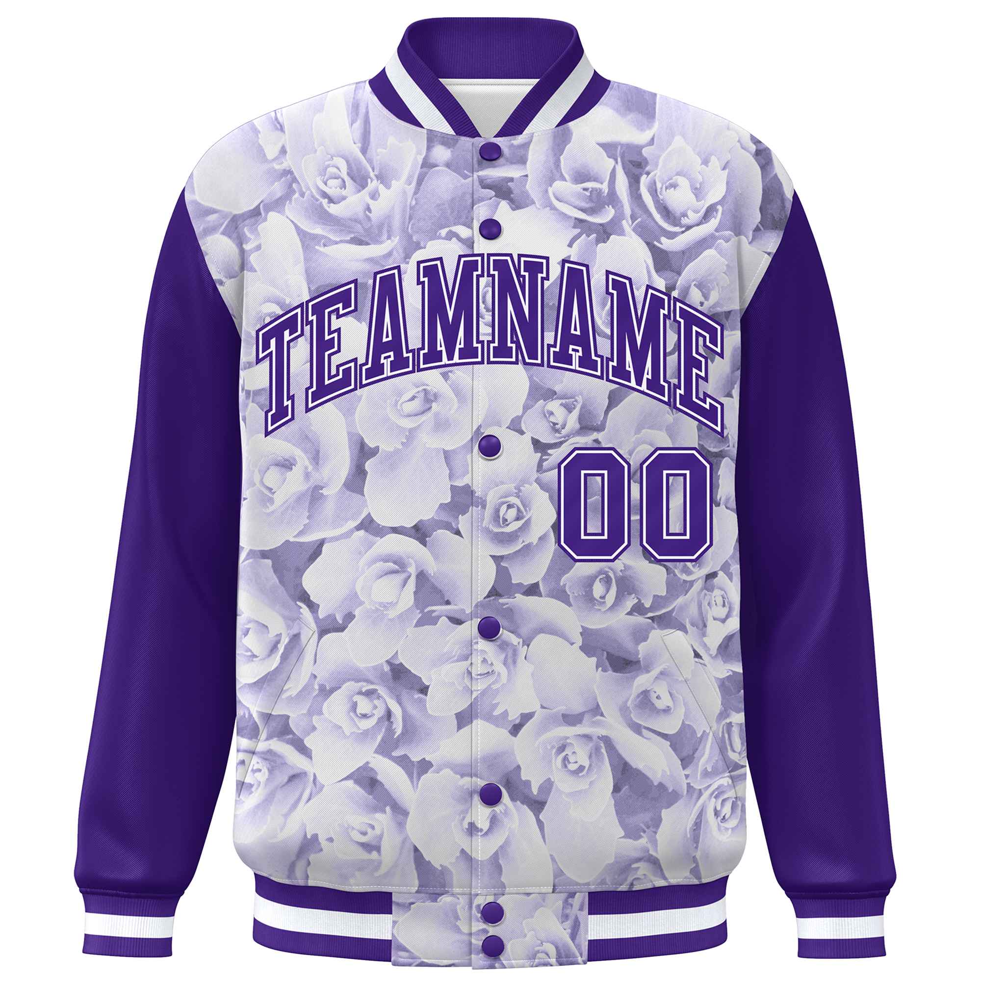 Custom Purple White Maple Leaf Raglan Sleeves Bomber Graffiti Pattern Varsity Jacket