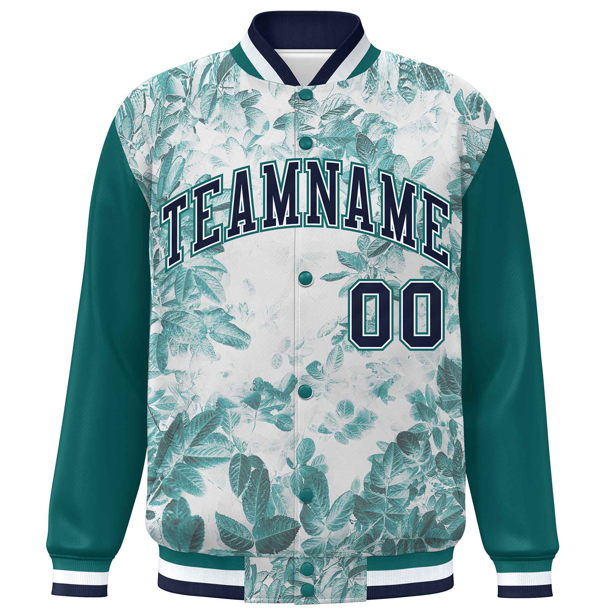 Custom Aqua Navy-White Maple Leaf Raglan Sleeves Bomber Graffiti Pattern Varsity Jacket