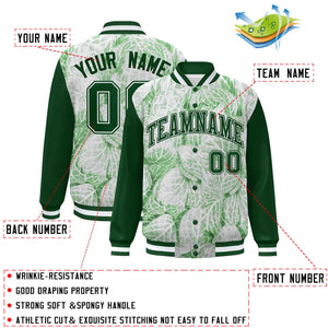 Custom Green White Maple Leaf Raglan Sleeves Bomber Graffiti Pattern Varsity Jacket