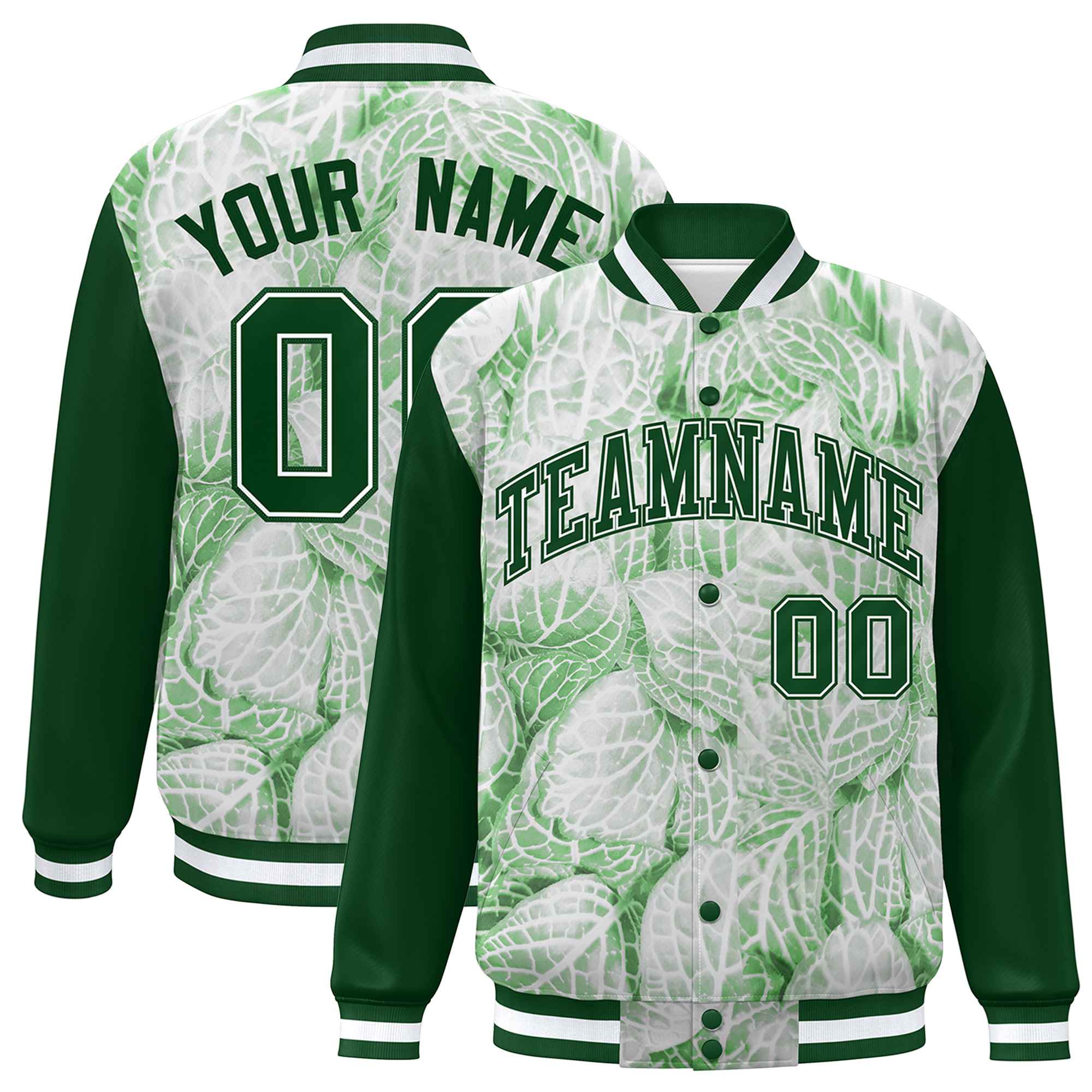 Custom Green White Maple Leaf Raglan Sleeves Bomber Graffiti Pattern Varsity Jacket