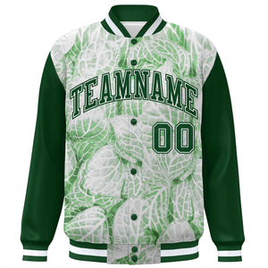 Custom Green White Maple Leaf Raglan Sleeves Bomber Graffiti Pattern Varsity Jacket