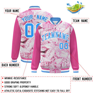 Custom Pink Powder Blue-White Maple Leaf Raglan Sleeves Bomber Graffiti Pattern Varsity Jacket