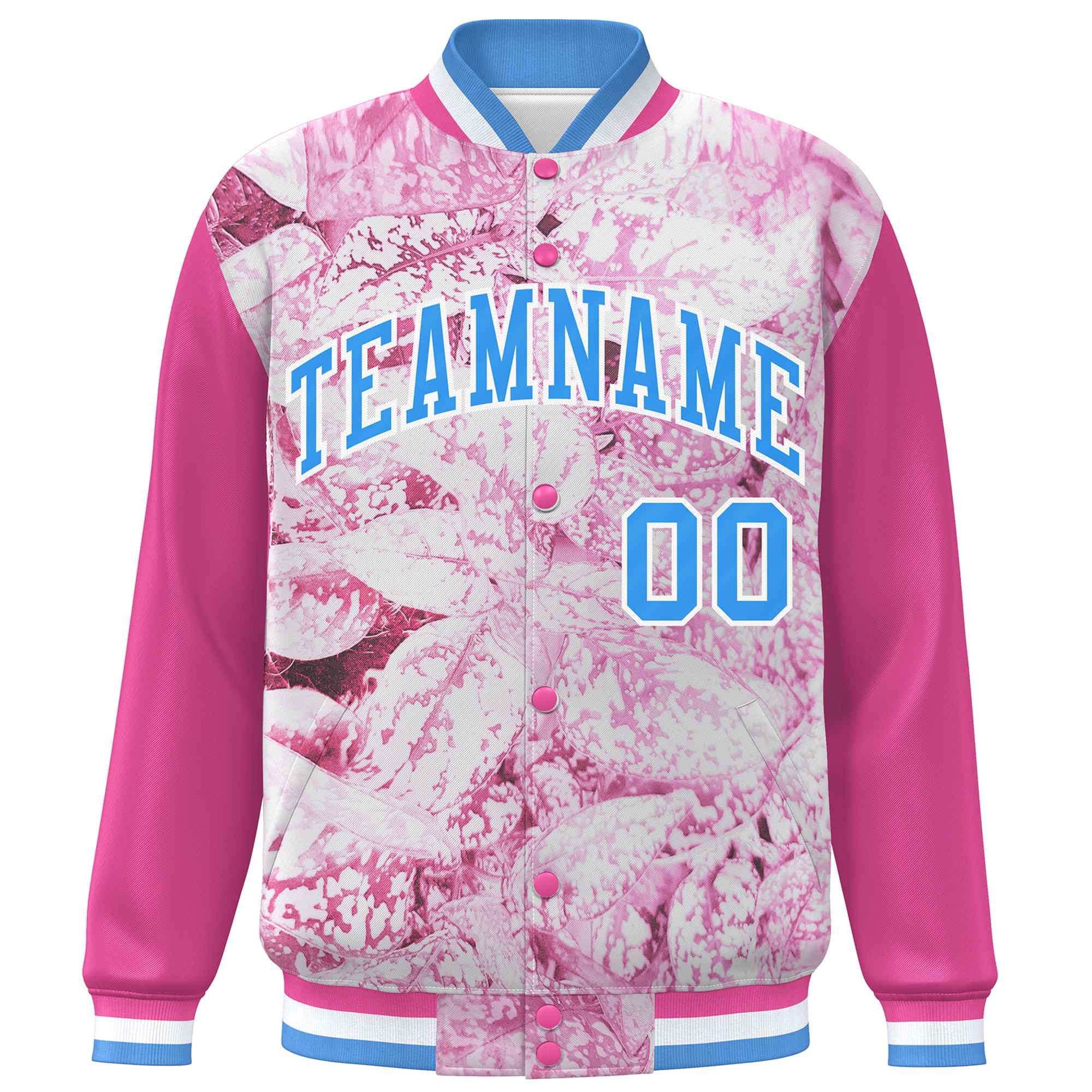 Custom Pink Powder Blue-White Maple Leaf Raglan Sleeves Bomber Graffiti Pattern Varsity Jacket