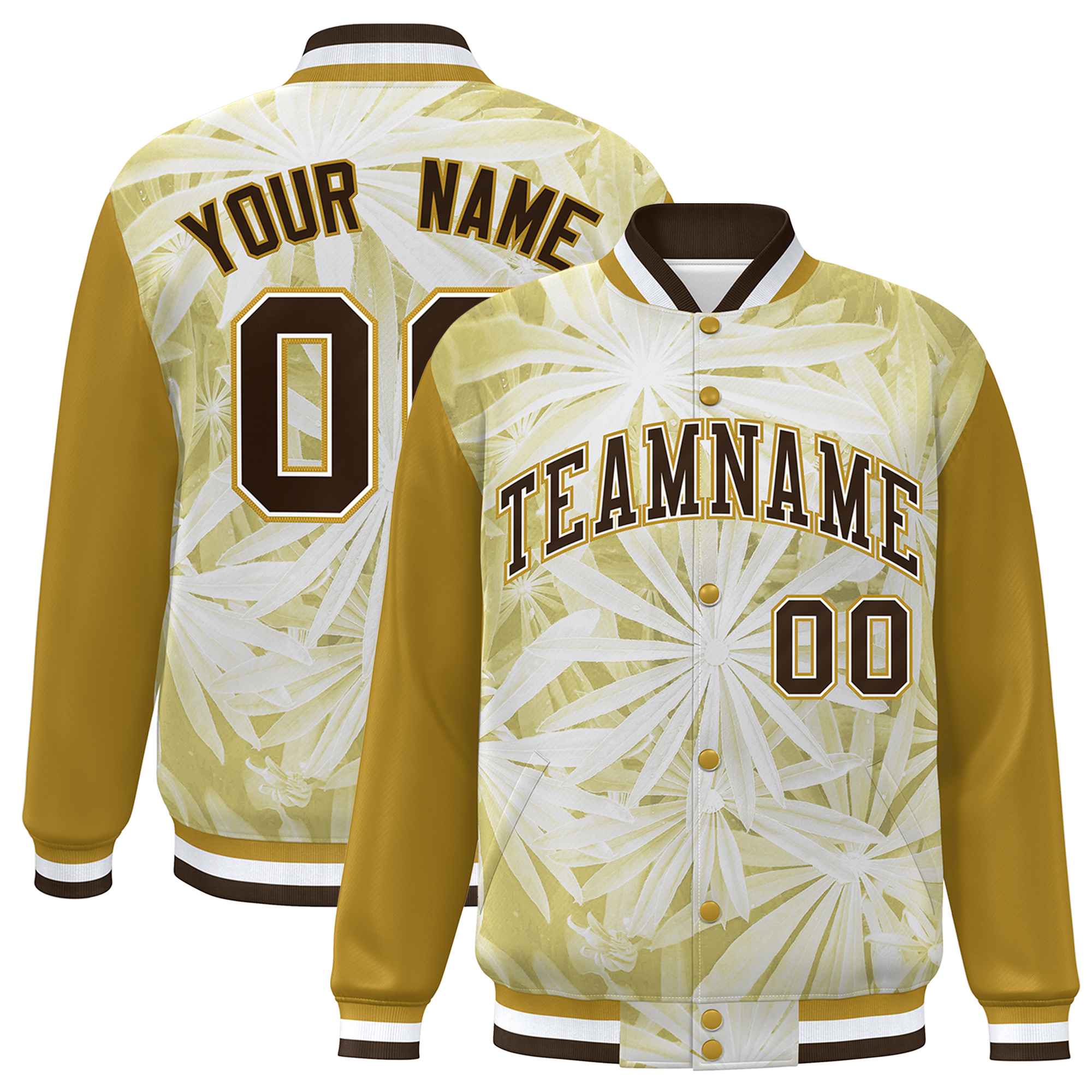 Custom Old Gold Brown-White Maple Leaf Raglan Sleeves Bomber Graffiti Pattern Varsity Jacket