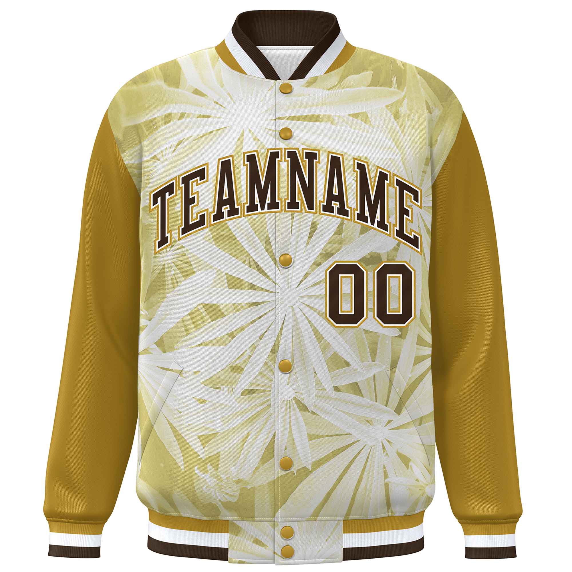 Custom Old Gold Brown-White Maple Leaf Raglan Sleeves Bomber Graffiti Pattern Varsity Jacket