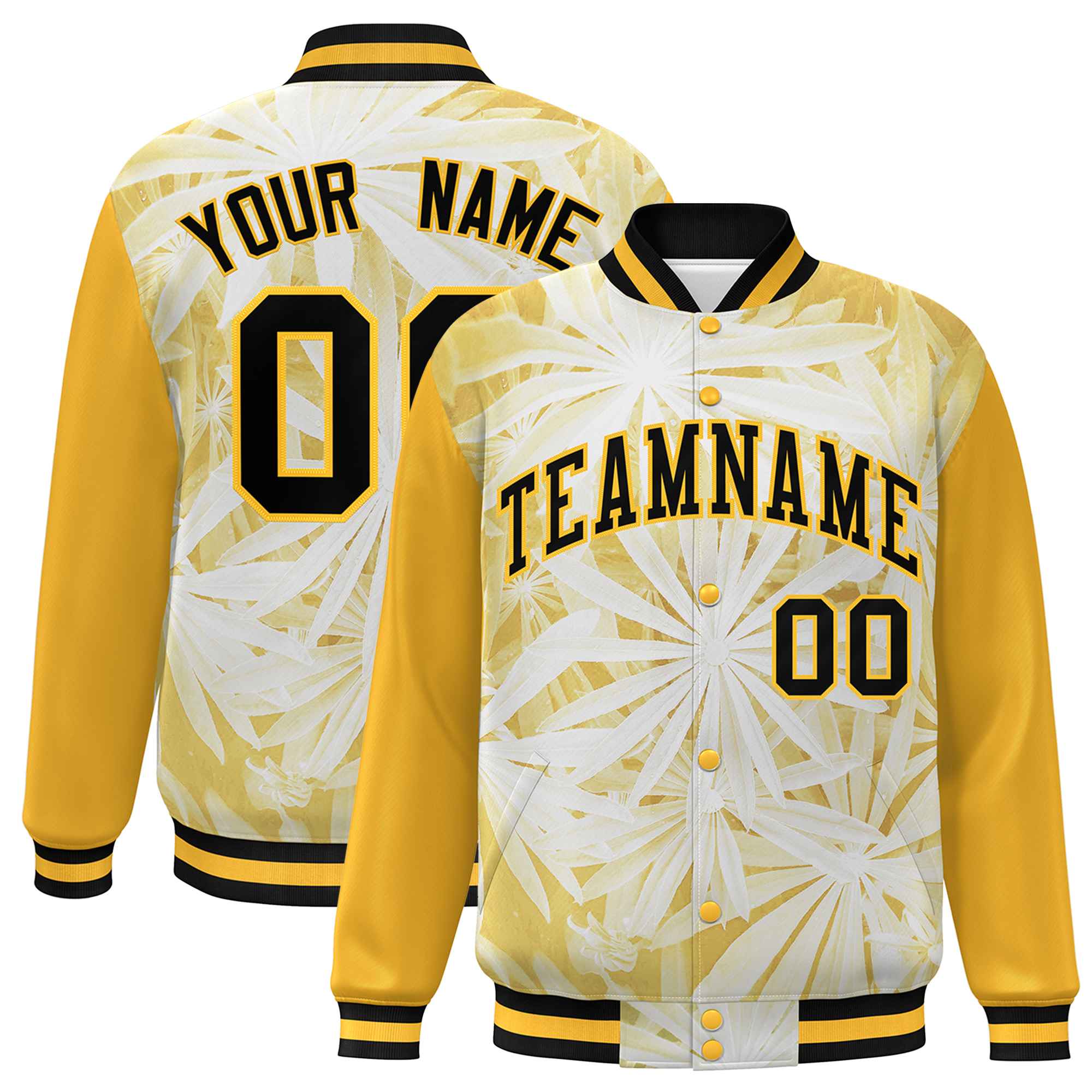 Custom Gold Black Maple Leaf Raglan Sleeves Bomber Graffiti Pattern Varsity Jacket