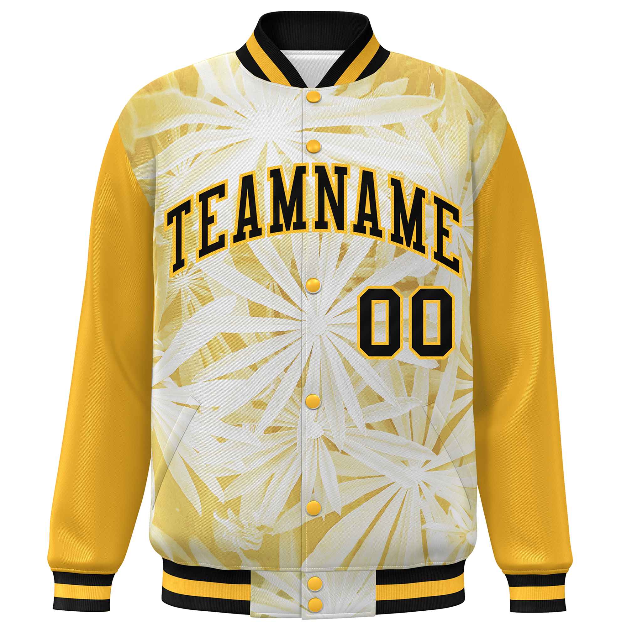 Custom Gold Black Maple Leaf Raglan Sleeves Bomber Graffiti Pattern Varsity Jacket