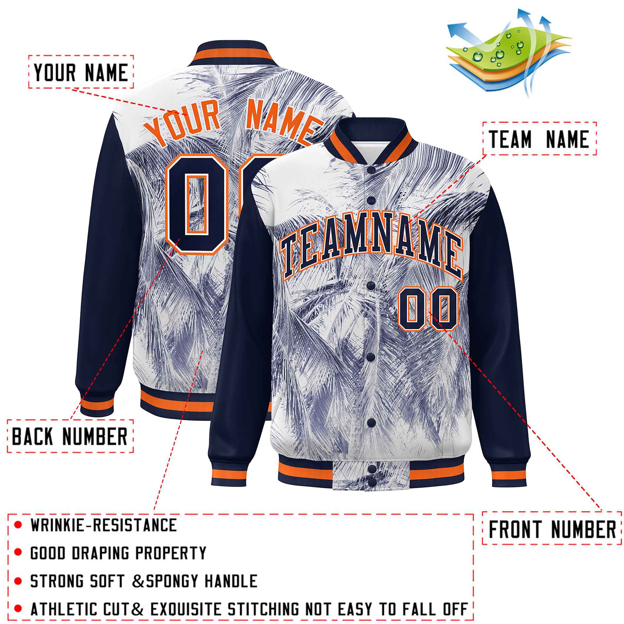 Custom Navy Orange-White Maple Leaf Raglan Sleeves Bomber Graffiti Pattern Varsity Jacket