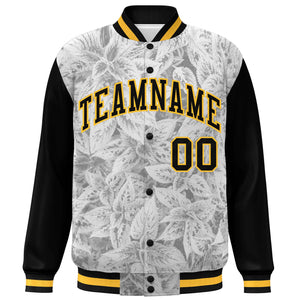 Custom Black Gold Maple Leaf Raglan Sleeves Bomber Graffiti Pattern Varsity Jacket