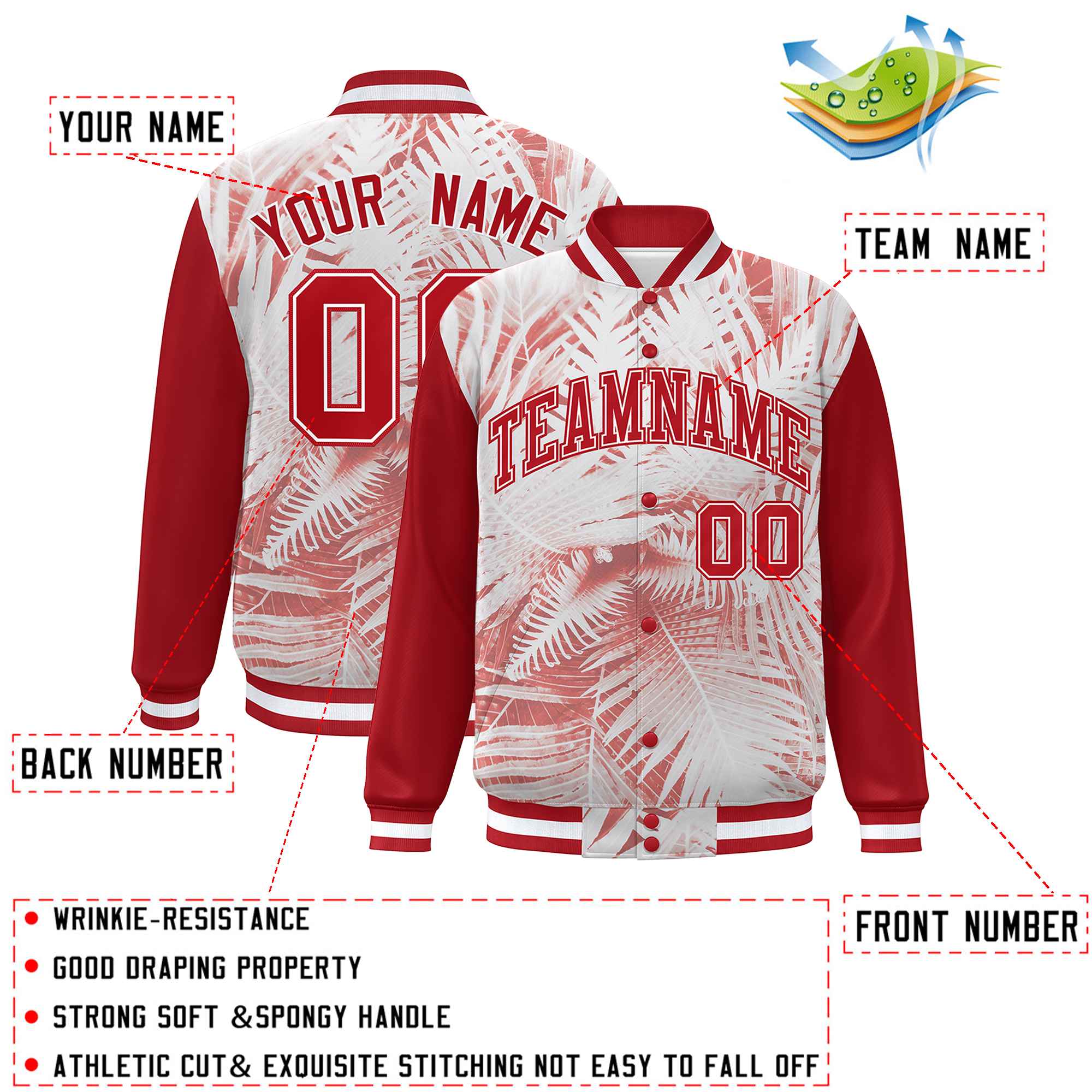 Custom Red White Maple Leaf Raglan Sleeves Bomber Graffiti Pattern Varsity Jacket