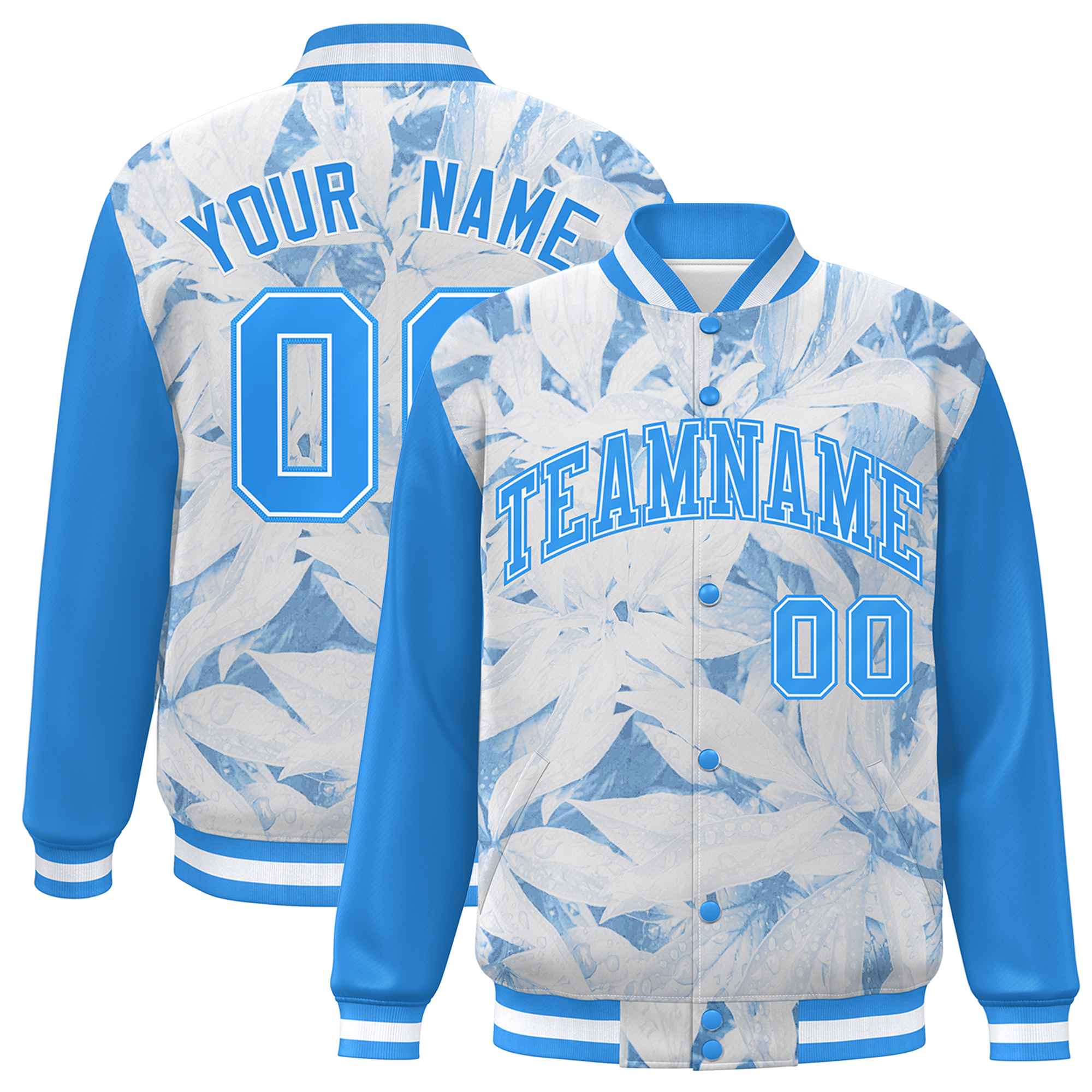 Custom Powder Blue White Maple Leaf Raglan Sleeves Bomber Graffiti Pattern Varsity Jacket