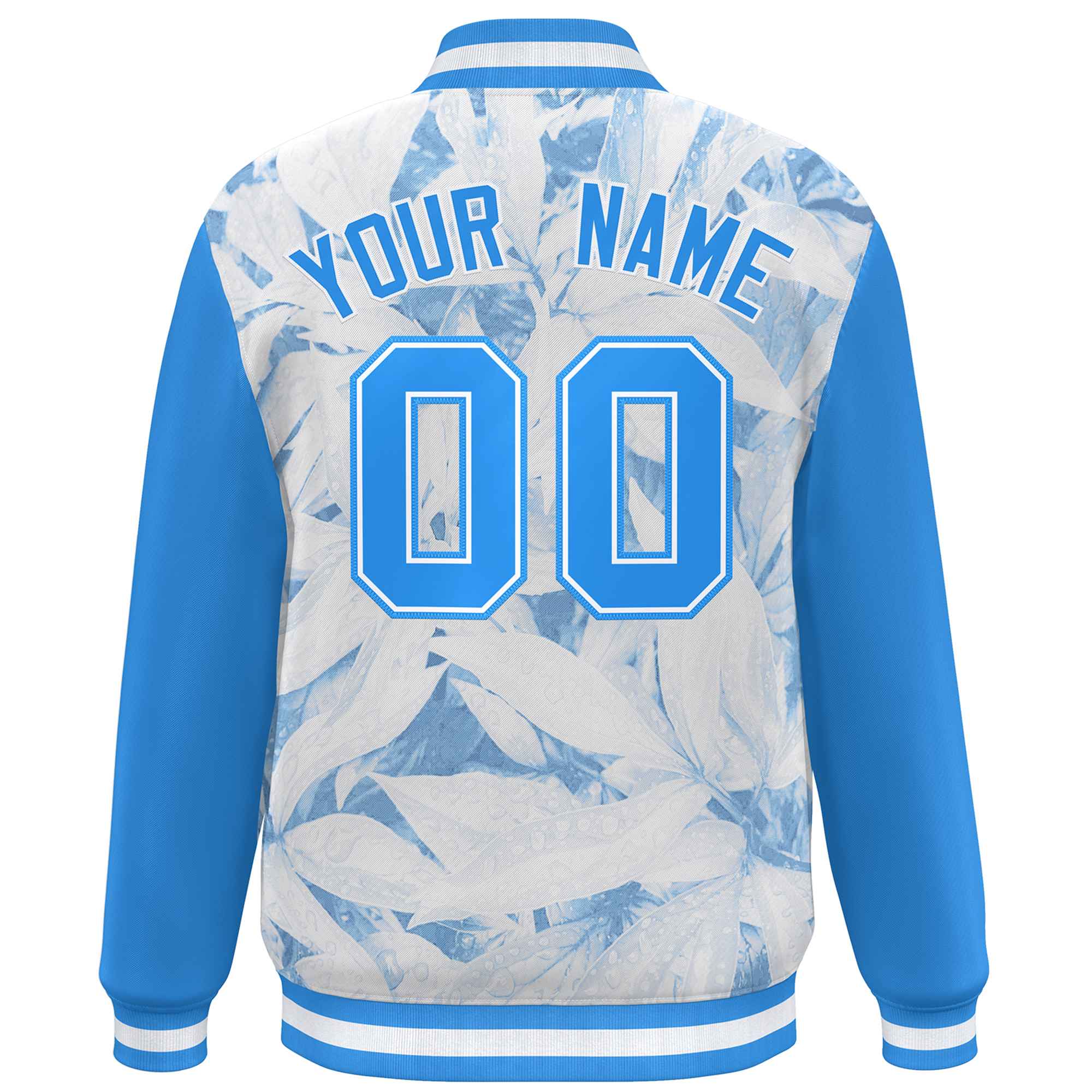 Custom Powder Blue White Maple Leaf Raglan Sleeves Bomber Graffiti Pattern Varsity Jacket