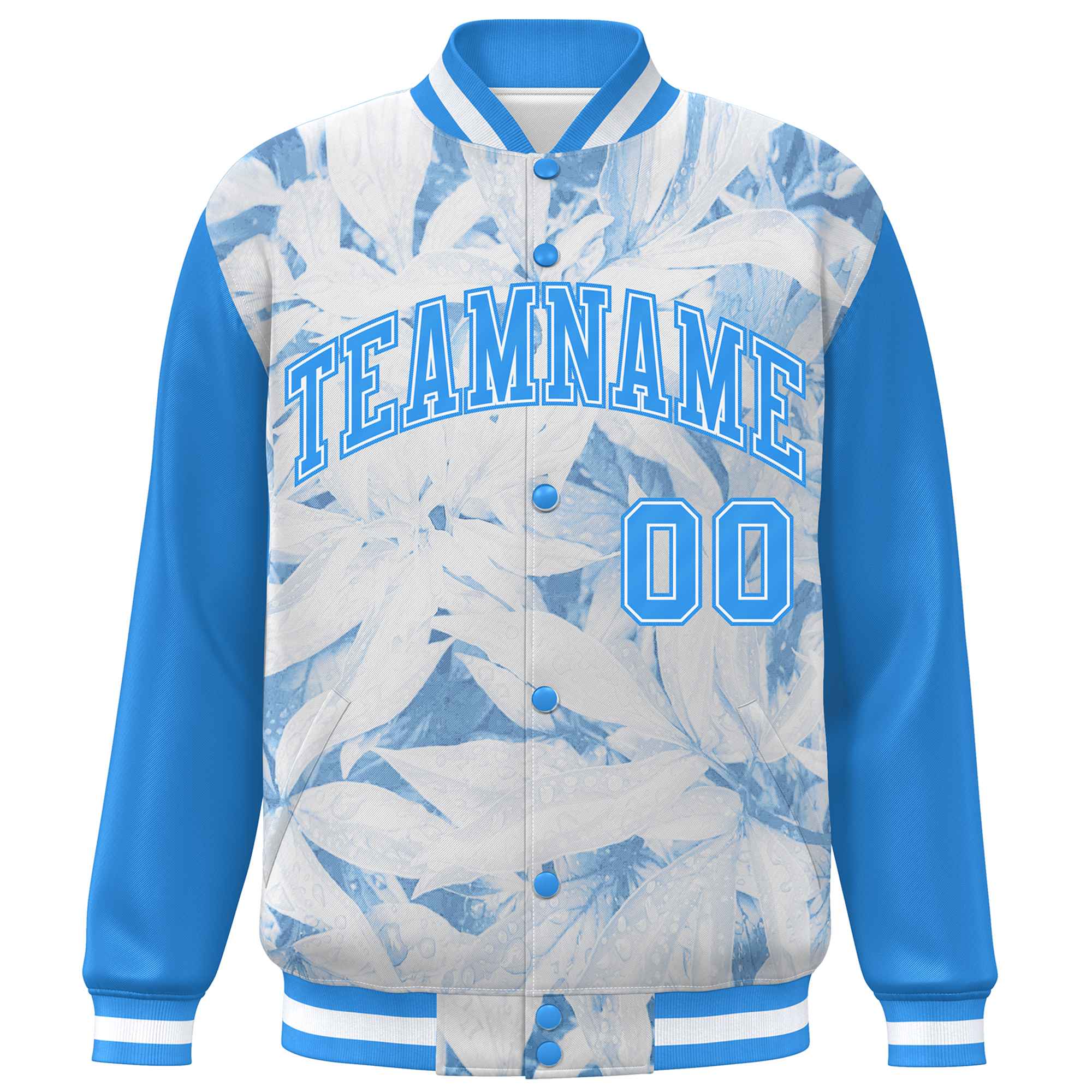 Custom Powder Blue White Maple Leaf Raglan Sleeves Bomber Graffiti Pattern Varsity Jacket