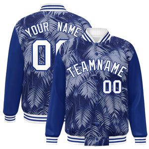 Custom Royal White-Navy Maple Leaf Raglan Sleeves Bomber Graffiti Pattern Varsity Jacket