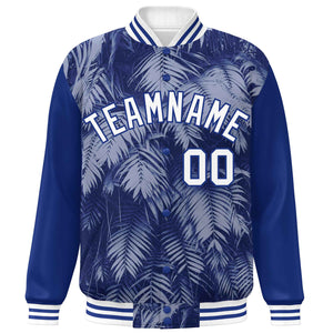 Custom Royal White-Navy Maple Leaf Raglan Sleeves Bomber Graffiti Pattern Varsity Jacket