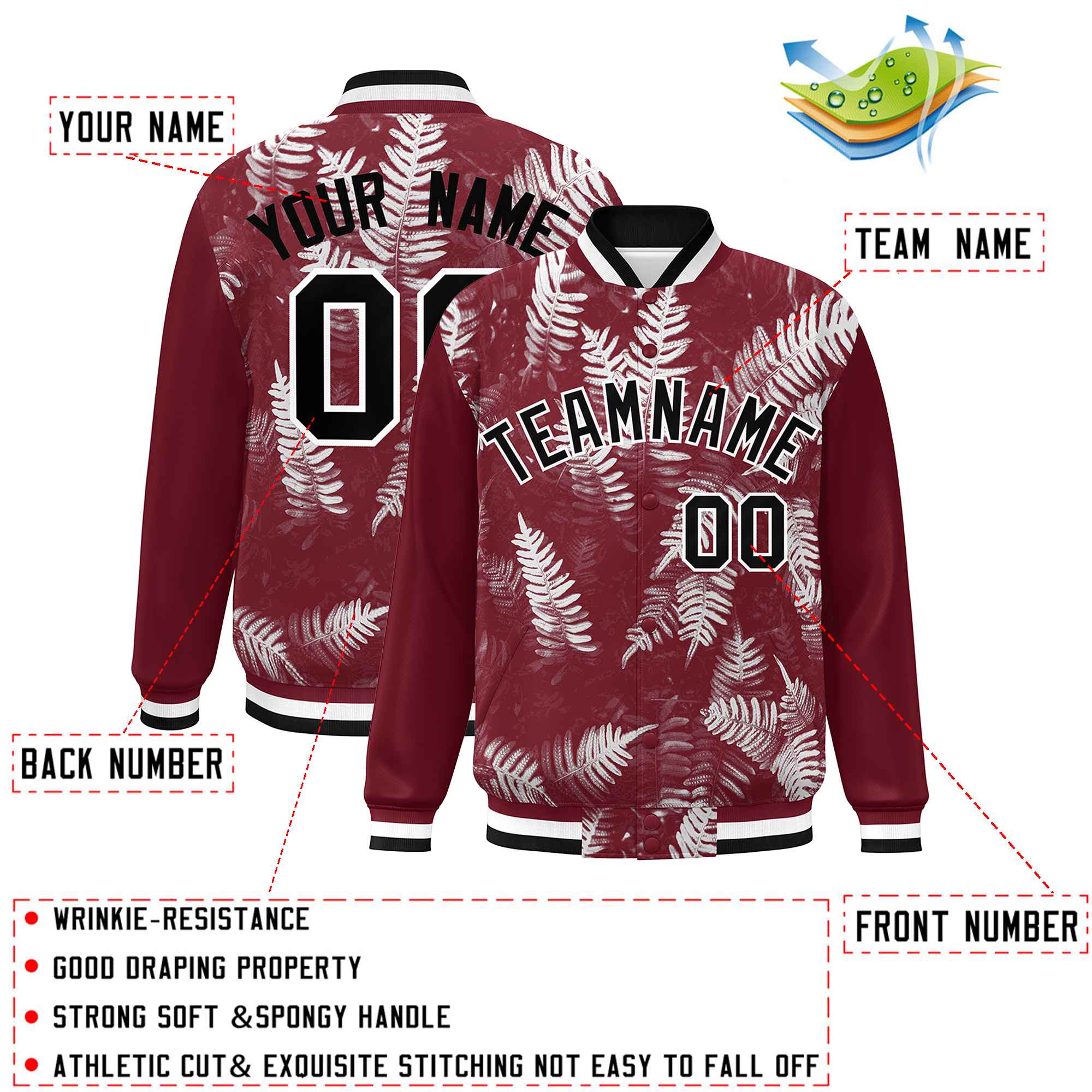 Custom Crimson Black-White Maple Leaf Raglan Sleeves Bomber Graffiti Pattern Varsity Jacket