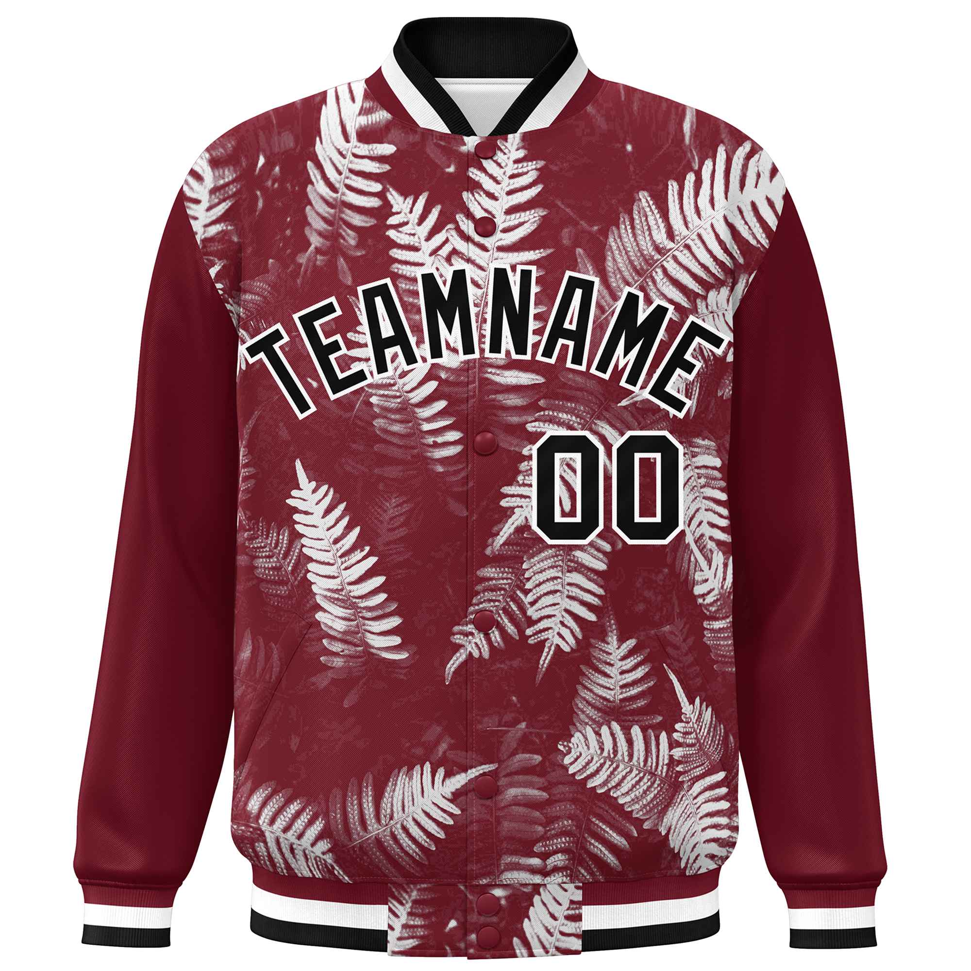 Custom Crimson Black-White Maple Leaf Raglan Sleeves Bomber Graffiti Pattern Varsity Jacket