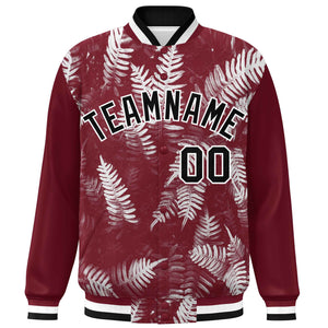 Custom Crimson Black-White Maple Leaf Raglan Sleeves Bomber Graffiti Pattern Varsity Jacket