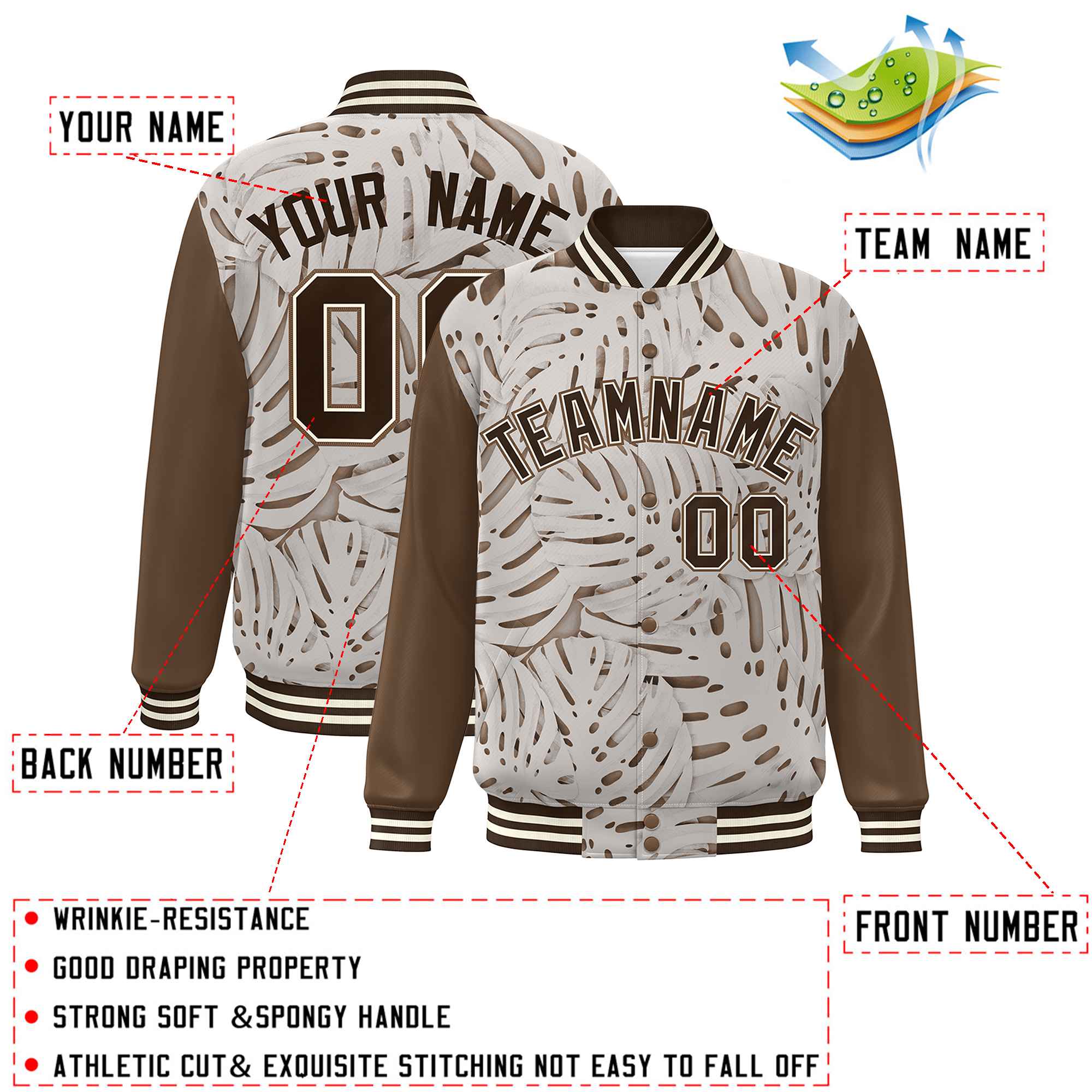 Custom Light Brown Brown-Cream Maple Leaf Raglan Sleeves Bomber Graffiti Pattern Varsity Jacket