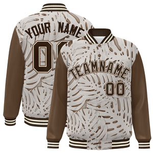 Custom Light Brown Brown-Cream Maple Leaf Raglan Sleeves Bomber Graffiti Pattern Varsity Jacket