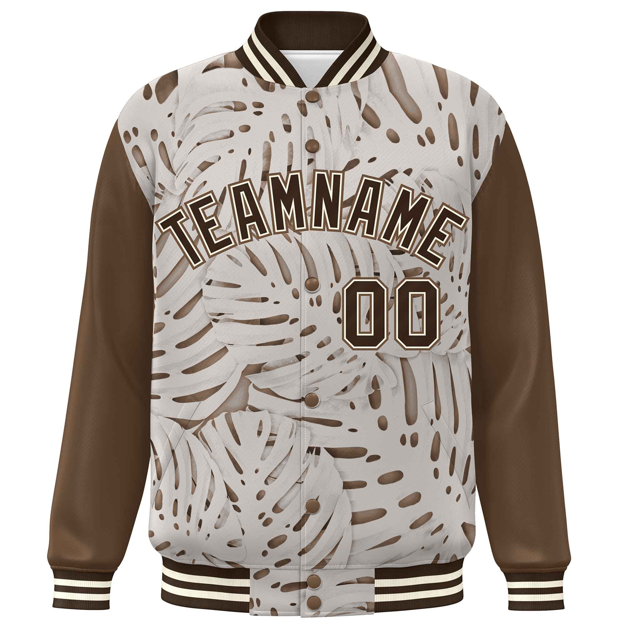 Custom Light Brown Brown-Cream Maple Leaf Raglan Sleeves Bomber Graffiti Pattern Varsity Jacket