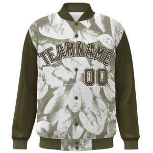 Custom Olive White-Brown Maple Leaf Raglan Sleeves Bomber Graffiti Pattern Varsity Jacket