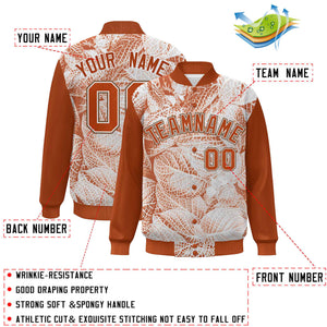 Custom Texas Orange White-Light Brown Maple Leaf Raglan Sleeves Bomber Graffiti Pattern Varsity Jacket