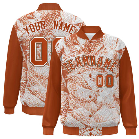 Custom Texas Orange White-Light Brown Maple Leaf Raglan Sleeves Bomber Graffiti Pattern Varsity Jacket