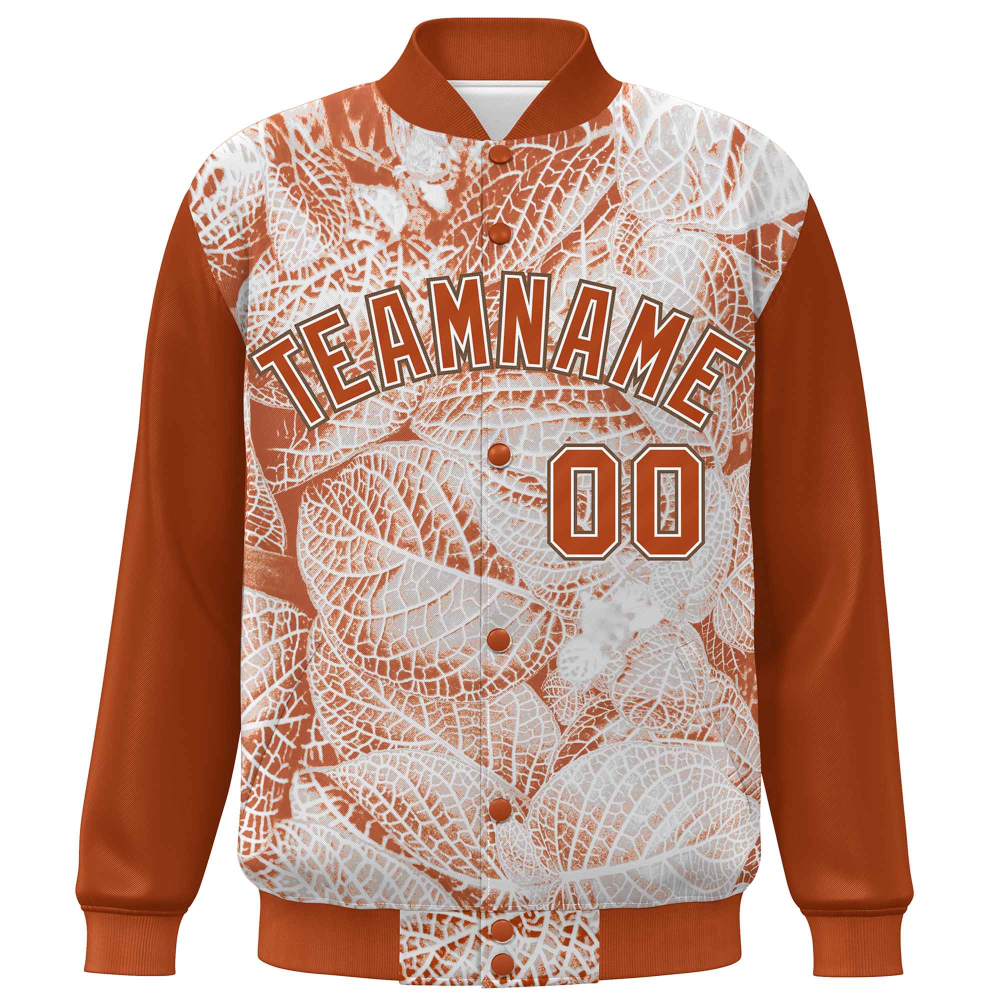 Custom Texas Orange White-Light Brown Maple Leaf Raglan Sleeves Bomber Graffiti Pattern Varsity Jacket