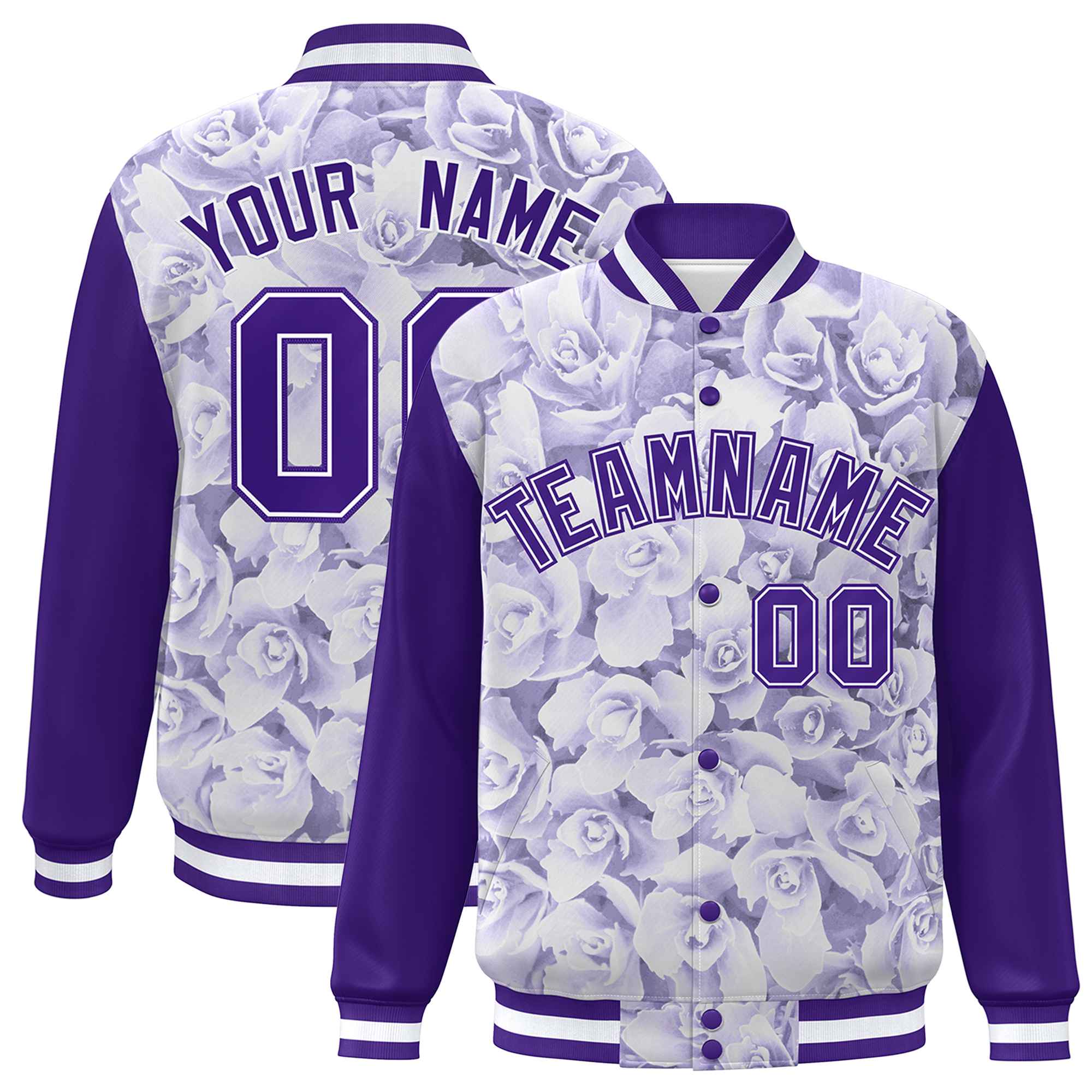 Custom Purple White Maple Leaf Raglan Sleeves Bomber Graffiti Pattern Varsity Jacket