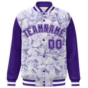 Custom Purple White Maple Leaf Raglan Sleeves Bomber Graffiti Pattern Varsity Jacket