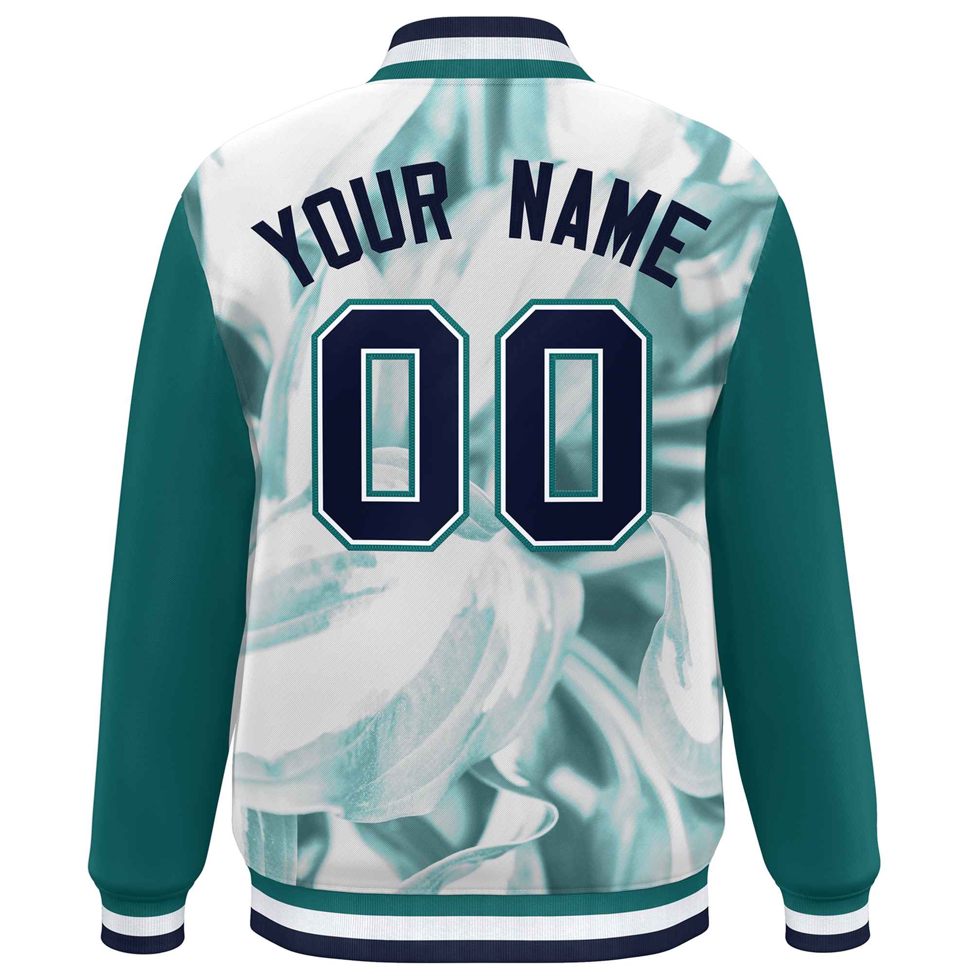 Custom Aqua Navy-White Maple Leaf Raglan Sleeves Bomber Graffiti Pattern Varsity Jacket