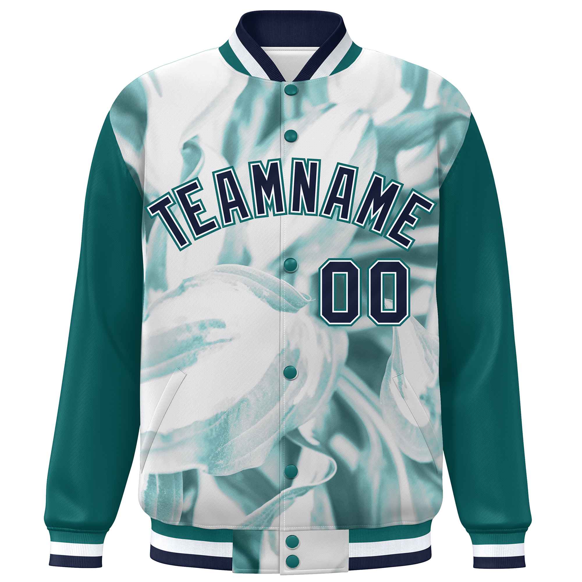 Custom Aqua Navy-White Maple Leaf Raglan Sleeves Bomber Graffiti Pattern Varsity Jacket