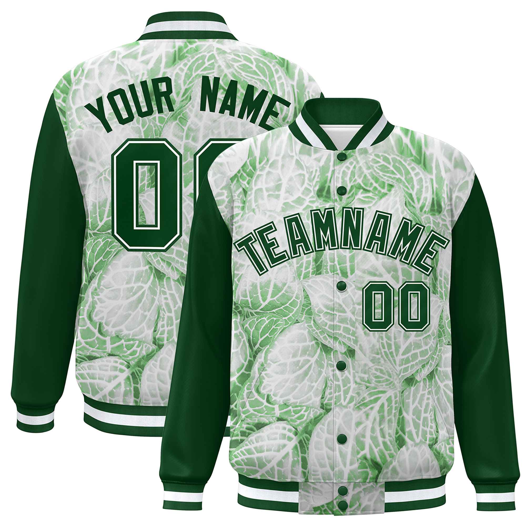 Custom Green White Maple Leaf Raglan Sleeves Bomber Graffiti Pattern Varsity Jacket