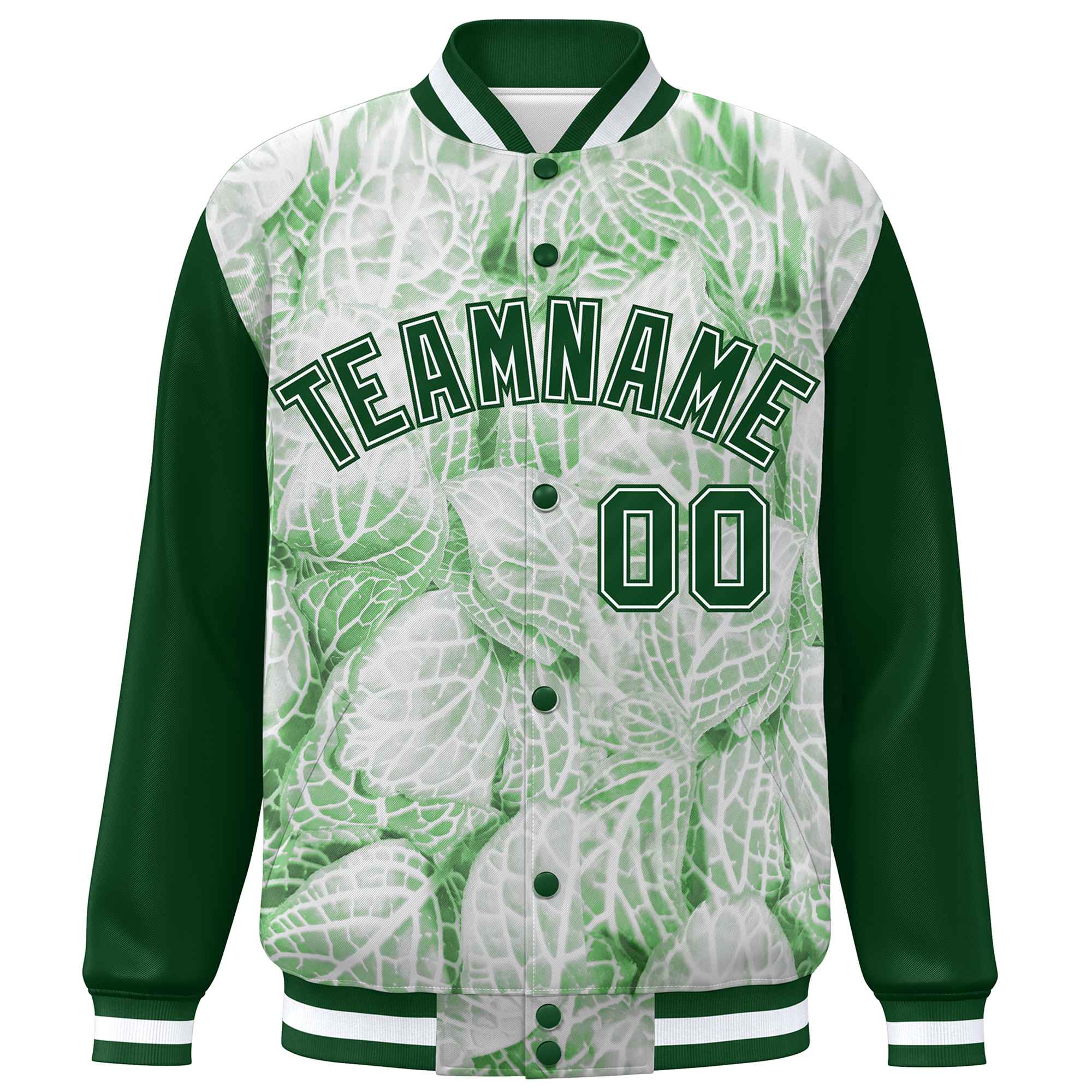 Custom Green White Maple Leaf Raglan Sleeves Bomber Graffiti Pattern Varsity Jacket