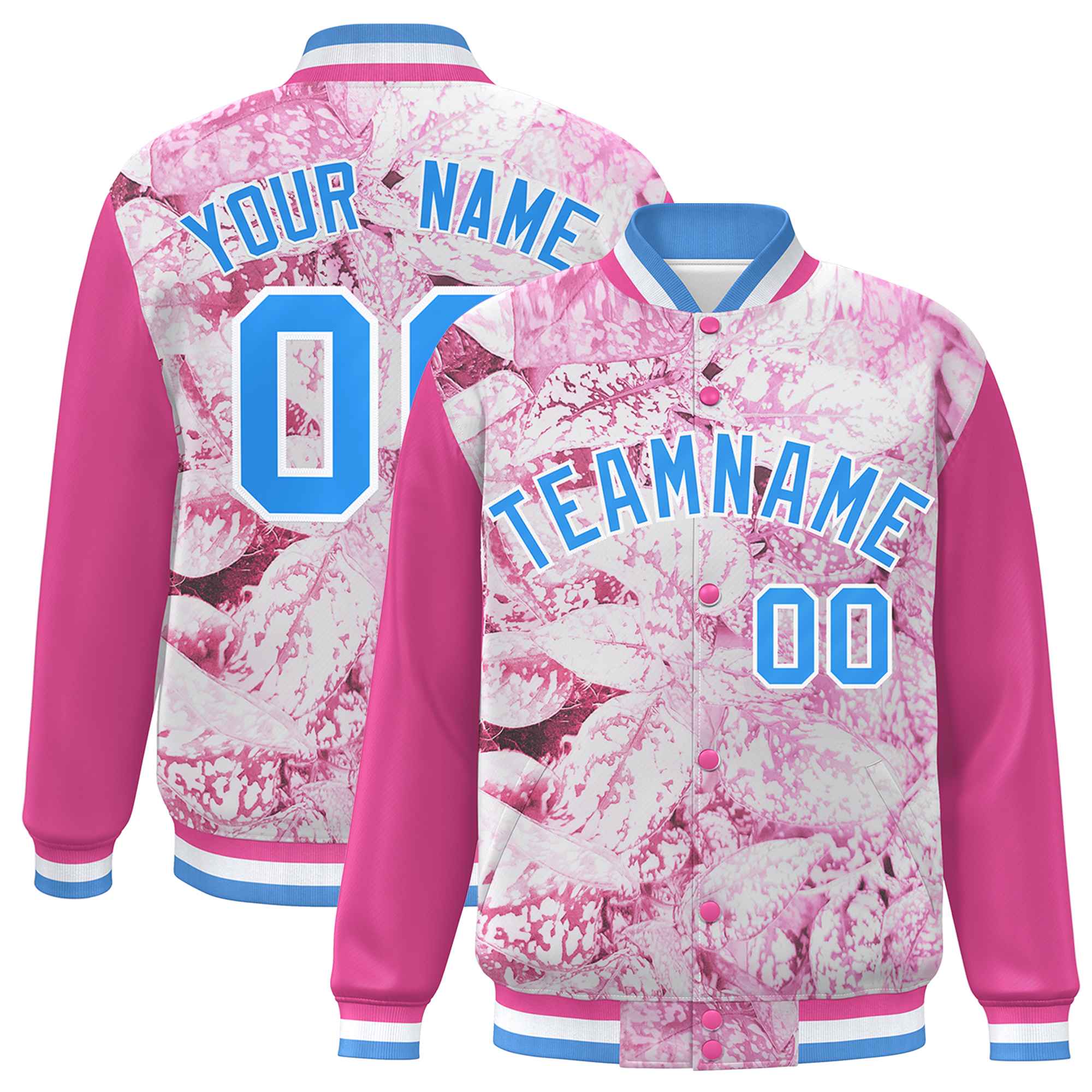 Custom Pink Powder Blue-White Maple Leaf Raglan Sleeves Bomber Graffiti Pattern Varsity Jacket