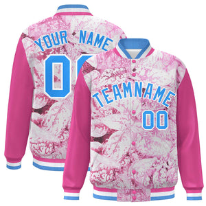 Custom Pink Powder Blue-White Maple Leaf Raglan Sleeves Bomber Graffiti Pattern Varsity Jacket