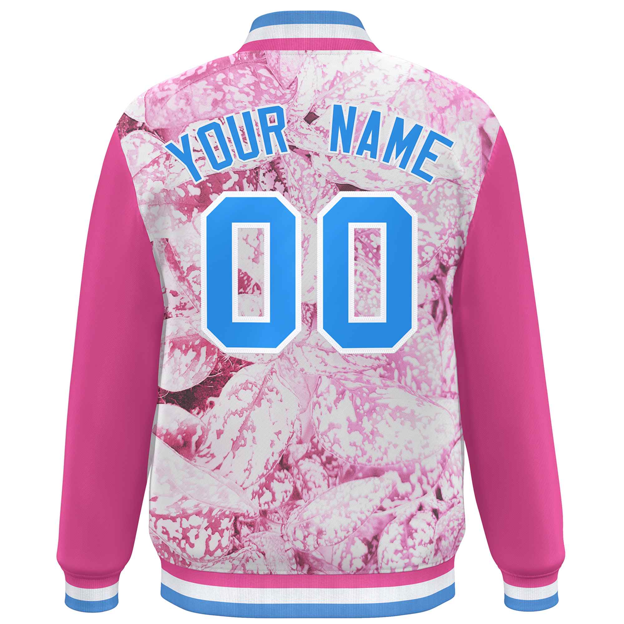 Custom Pink Powder Blue-White Maple Leaf Raglan Sleeves Bomber Graffiti Pattern Varsity Jacket