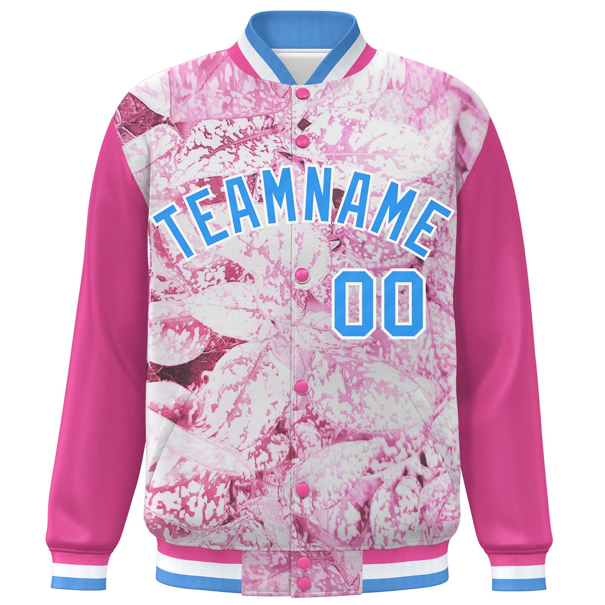 Custom Pink Powder Blue-White Maple Leaf Raglan Sleeves Bomber Graffiti Pattern Varsity Jacket