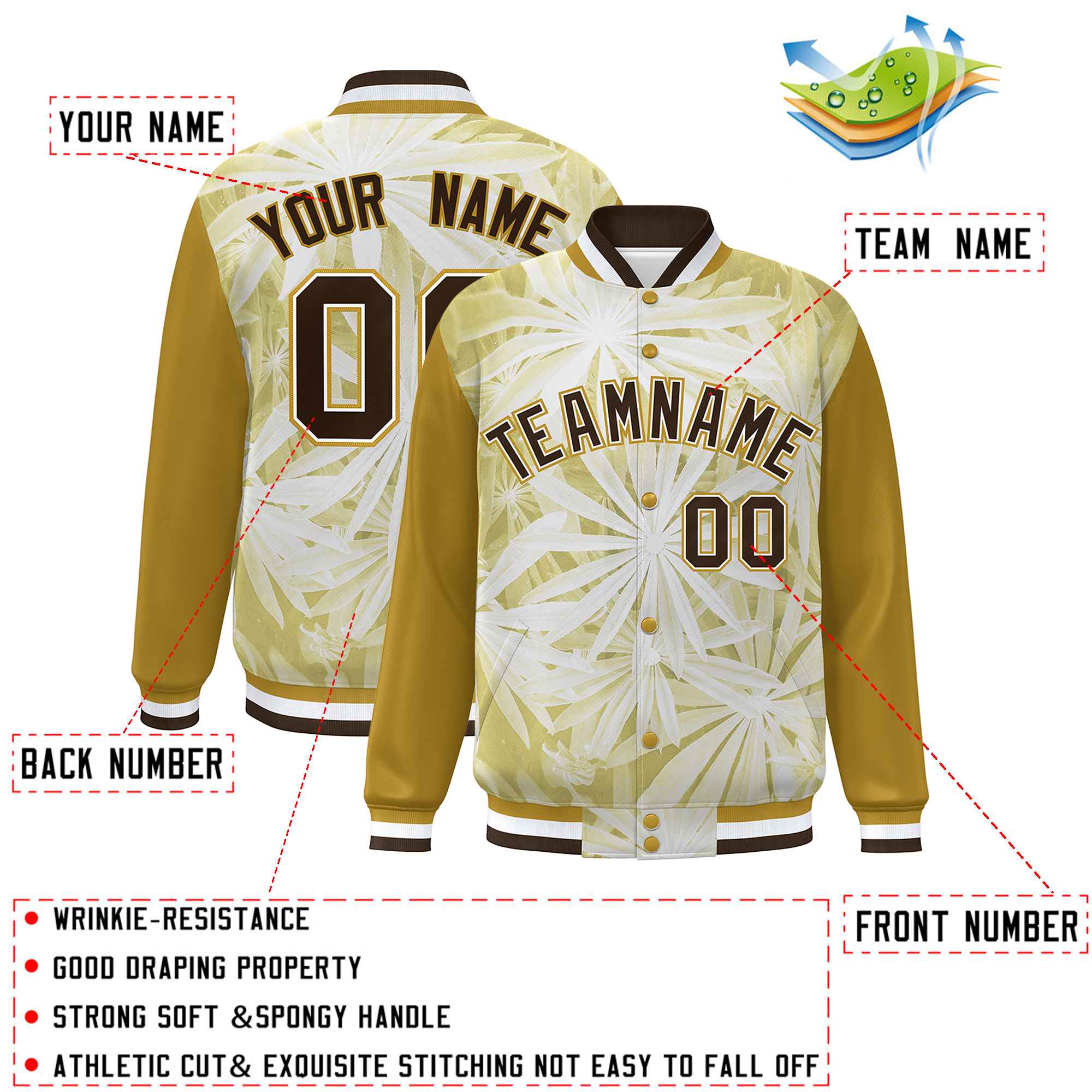 Custom Old Gold Brown-White Maple Leaf Raglan Sleeves Bomber Graffiti Pattern Varsity Jacket